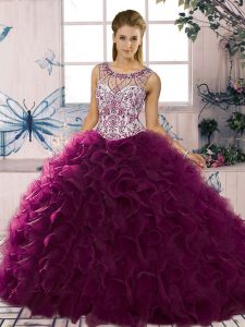 Sexy Dark Purple Ball Gowns Beading and Ruffles Ball Gown Prom Dress Lace Up Organza Sleeveless Floor Length