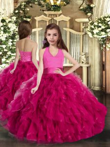 Perfect Halter Top Sleeveless Pageant Dress for Womens Floor Length Ruffles Fuchsia Tulle