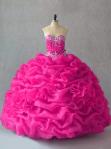 Deluxe Floor Length Fuchsia Quinceanera Dress Organza Sleeveless Beading and Pick Ups and Hand Made Flower