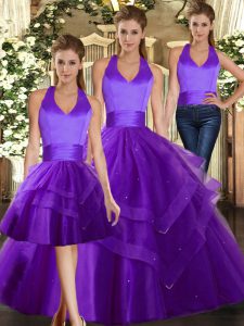 Purple Three Pieces Ruffles Quinceanera Gowns Lace Up Tulle Sleeveless Floor Length