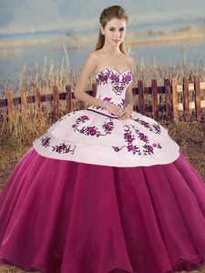Luxurious Sleeveless Tulle Floor Length Lace Up Sweet 16 Dresses in Fuchsia with Embroidery and Bowknot