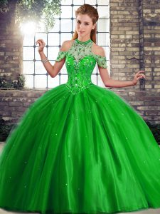 Ball Gowns Sleeveless Green Quinceanera Gowns Brush Train Lace Up