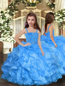 Organza Straps Sleeveless Lace Up Ruffles Little Girls Pageant Dress in Blue