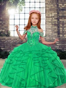 Customized Turquoise Ball Gowns Beading and Ruffles Little Girls Pageant Dress Wholesale Lace Up Tulle Sleeveless Floor Length