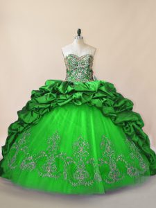 Green Sweetheart Lace Up Beading and Pick Ups Quince Ball Gowns Brush Train Sleeveless