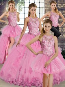 Modern Scoop Sleeveless Vestidos de Quinceanera Floor Length Lace and Embroidery and Ruffles Rose Pink Tulle
