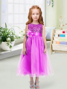Sequins and Hand Made Flower Toddler Flower Girl Dress Lilac Zipper Sleeveless Tea Length