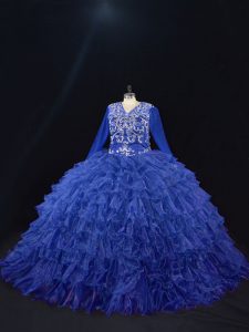 Royal Blue Lace Up Sweet 16 Dresses Beading and Ruffled Layers Long Sleeves Floor Length