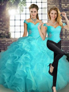 Inexpensive Sleeveless Organza Floor Length Lace Up Ball Gown Prom Dress in Aqua Blue with Beading and Ruffles