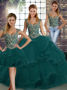 Peacock Green Sleeveless Beading and Ruffles Floor Length Party Dress for Toddlers