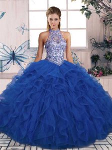 Cheap Sleeveless Floor Length Beading and Ruffles Lace Up 15 Quinceanera Dress with Blue