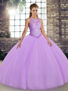Romantic Lavender Tulle Lace Up Scoop Sleeveless Floor Length Sweet 16 Dress Embroidery