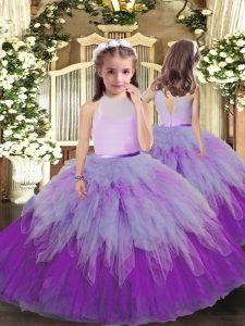 Popular Ball Gowns Kids Formal Wear Multi-color High-neck Tulle Sleeveless Floor Length Backless