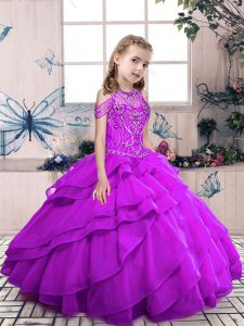 On Sale Floor Length Lace Up Girls Pageant Dresses Purple for Party and Military Ball and Wedding Party with Beading and Ruffled Layers