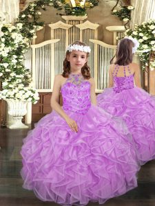 Customized Lilac Kids Pageant Dress Party and Quinceanera and Wedding Party with Beading and Ruffles Halter Top Sleeveless Lace Up