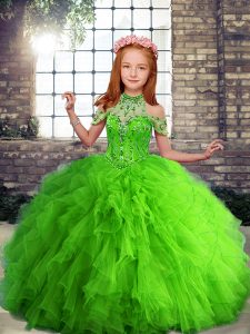 Ball Gowns Halter Top Sleeveless Tulle Floor Length Lace Up Beading and Ruffles Pageant Dress Wholesale
