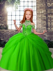 Adorable Green Lace Up Halter Top Beading Kids Formal Wear Tulle Sleeveless