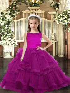 Purple Tulle Lace Up Scoop Sleeveless Floor Length Pageant Dresses Ruffled Layers