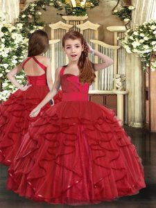 Red Straps Lace Up Ruffles Girls Pageant Dresses Sleeveless