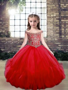 Off The Shoulder Sleeveless Lace Up Little Girl Pageant Dress Red Tulle