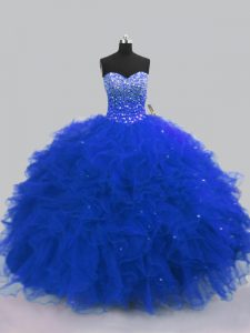 Modest Royal Blue Sleeveless Beading and Ruffles Floor Length Ball Gown Prom Dress