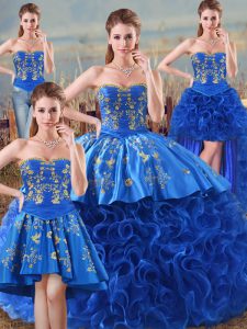 High Quality Royal Blue Lace Up Sweetheart Embroidery and Ruffles Quinceanera Dresses Fabric With Rolling Flowers Sleeveless
