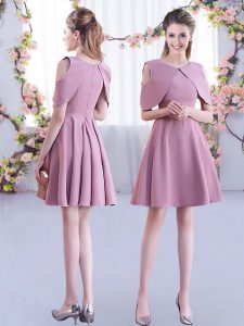 Nice Pink Half Sleeves Ruching Mini Length Dama Dress