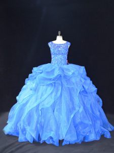 Scoop Sleeveless Quince Ball Gowns Brush Train Beading and Ruffles Blue Organza
