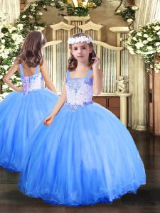 Floor Length Baby Blue Kids Pageant Dress Tulle Sleeveless Beading