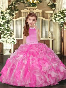 Organza High-neck Sleeveless Backless Beading and Ruffles Girls Pageant Dresses in Rose Pink
