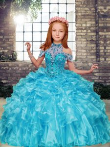 Lovely Floor Length Ball Gowns Sleeveless Aqua Blue Pageant Gowns For Girls Lace Up