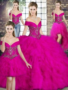 Fuchsia Lace Up Off The Shoulder Beading and Ruffles Vestidos de Quinceanera Tulle Sleeveless