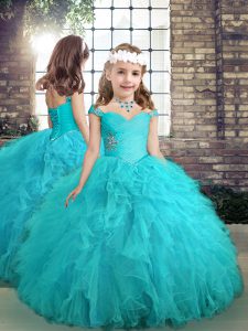 Aqua Blue Lace Up Straps Beading and Ruffles Kids Formal Wear Tulle Sleeveless