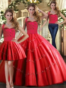 Red Quinceanera Gowns Military Ball and Sweet 16 and Quinceanera with Appliques Halter Top Sleeveless Lace Up