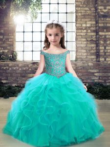 Floor Length Aqua Blue Little Girl Pageant Dress Tulle Sleeveless Beading and Ruffles