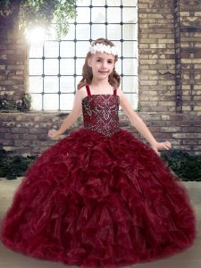 Floor Length Burgundy Little Girls Pageant Gowns Straps Sleeveless Lace Up