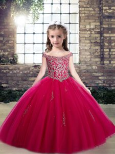 New Style Hot Pink Lace Up Scoop Beading and Appliques Little Girls Pageant Dress Wholesale Tulle Sleeveless