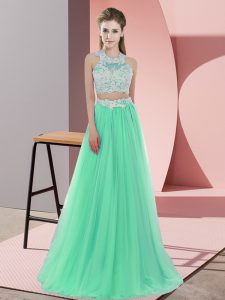 Apple Green Sleeveless Floor Length Lace Zipper Dama Dress for Quinceanera