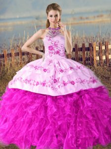 Sleeveless Organza Court Train Lace Up Ball Gown Prom Dress in Fuchsia with Embroidery and Ruffles