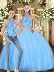 Smart Sleeveless Floor Length Embroidery Lace Up Sweet 16 Dresses with Baby Blue
