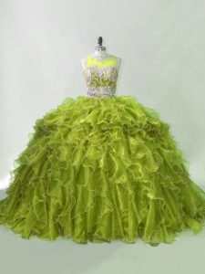 Sleeveless Beading and Ruffles Zipper Quinceanera Dresses with Olive Green Brush Train
