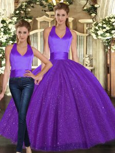 Colorful Floor Length Two Pieces Sleeveless Purple Sweet 16 Dress Lace Up