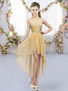 Gold Empire Chiffon Sweetheart Sleeveless Beading High Low Lace Up Court Dresses for Sweet 16