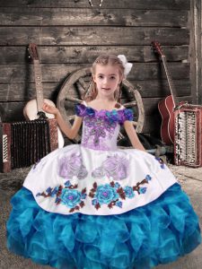 Aqua Blue Sleeveless Floor Length Beading and Embroidery and Ruffles Lace Up Little Girls Pageant Dress Wholesale