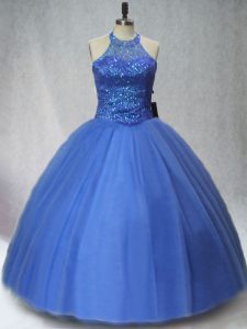 Blue Ball Gowns Tulle Halter Top Sleeveless Beading Floor Length Lace Up Quince Ball Gowns
