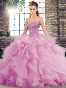 Tulle Sweetheart Sleeveless Brush Train Lace Up Beading and Ruffles Quinceanera Dresses in Lilac