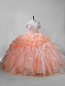 Orange Lace Up Quinceanera Gowns Beading and Ruffles and Pick Ups Sleeveless Brush Train