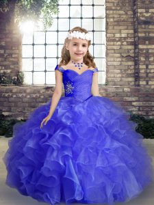 Stylish Blue Sleeveless Floor Length Beading and Ruffles and Ruching Lace Up Pageant Gowns For Girls