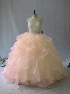 Two Pieces Sleeveless Peach Quince Ball Gowns Backless