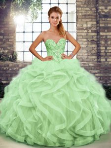 Sweetheart Sleeveless Quinceanera Gown Floor Length Beading and Ruffles Apple Green Tulle